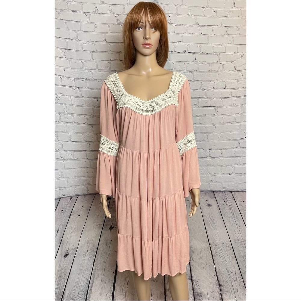 My Story Peach Tiered Bell Sleeve Crochet Trim Dress Size L